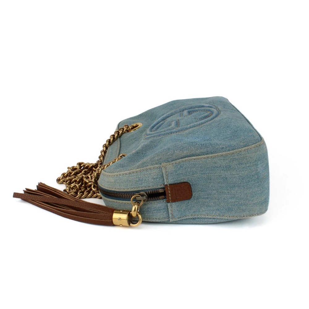 Authentic Gucci Blue Denim and Brown Tassel Soho Shoulder Bag with Gold Chain - Picture 4 of 9